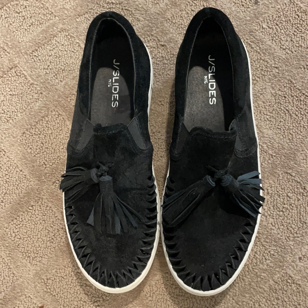 Jslides black suede with tassel.